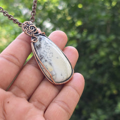 Dendrite Opal Gemstone Handmade Copper Wire Wrap Chain Pendant 2.36" Sunkarton