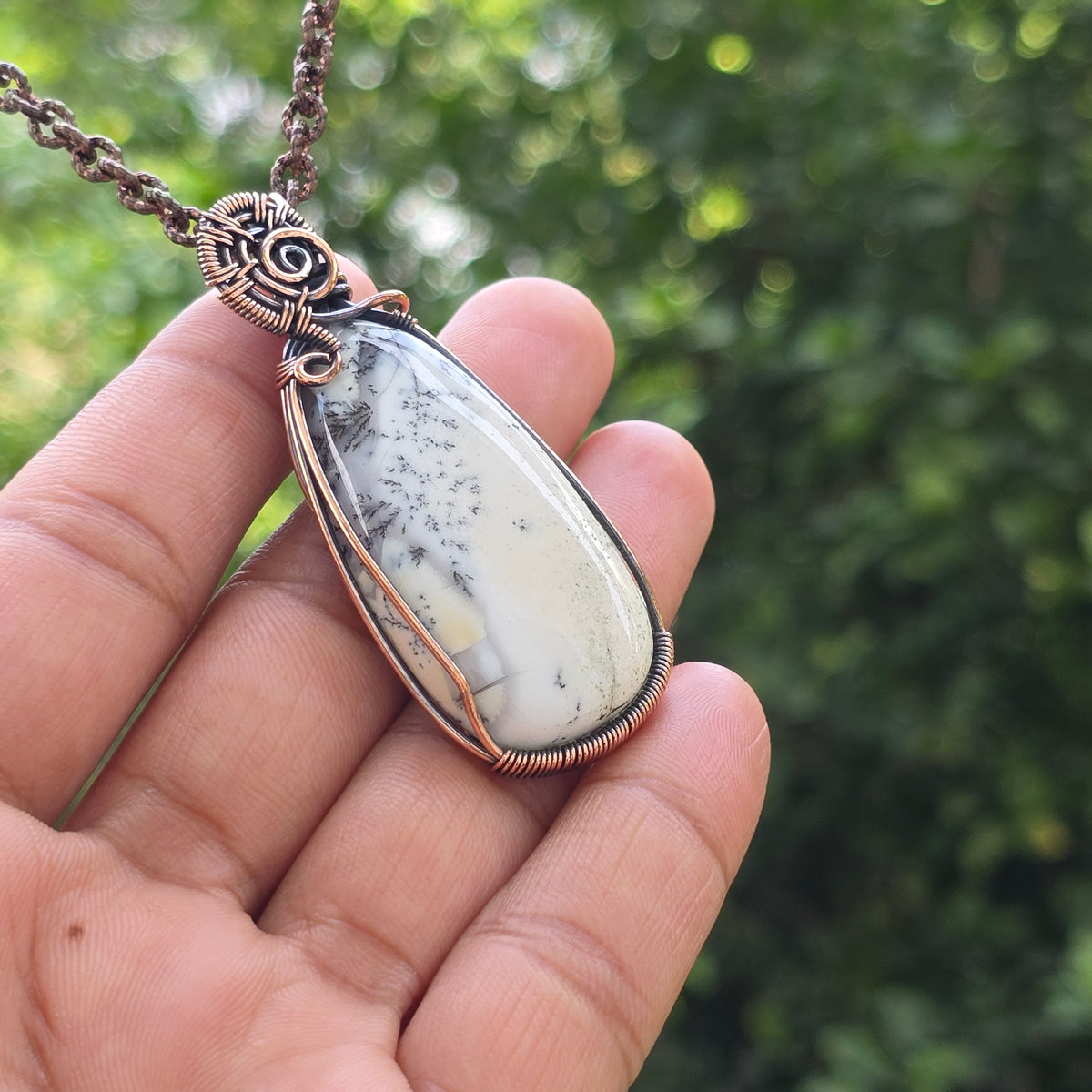 Dendrite Opal Gemstone Handmade Copper Wire Wrap Chain Pendant 2.36" Sunkarton