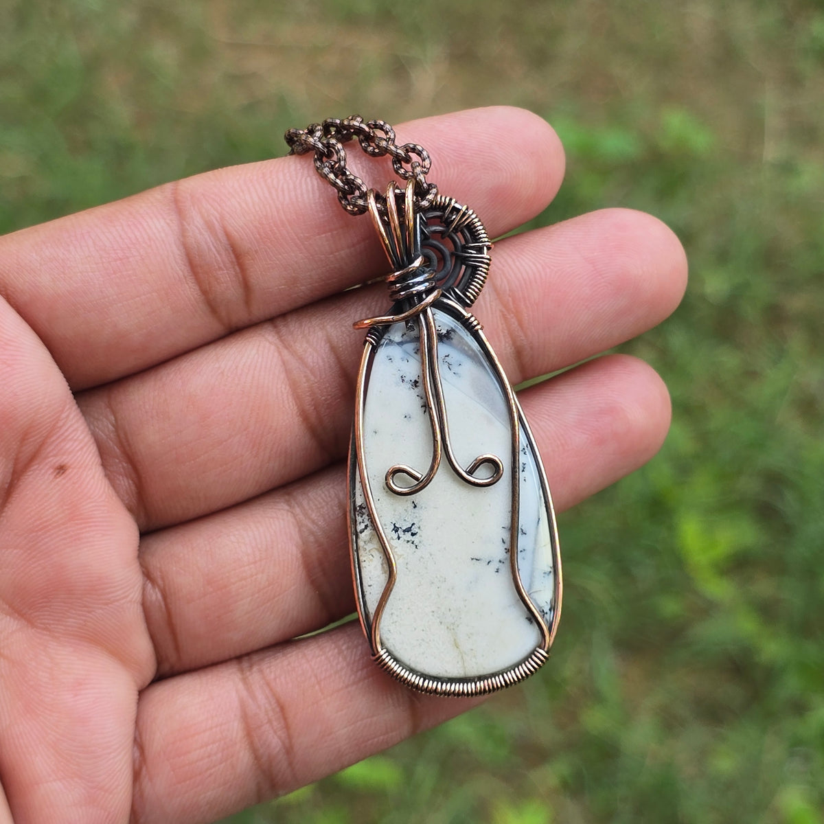 Dendrite Opal Gemstone Handmade Copper Wire Wrap Chain Pendant 2.36" Sunkarton