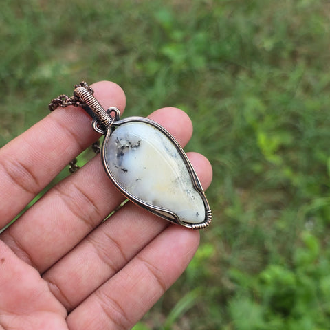 Dendrite Opal Gemstone Handmade Copper Wire Wrap Chain Pendant 2.55