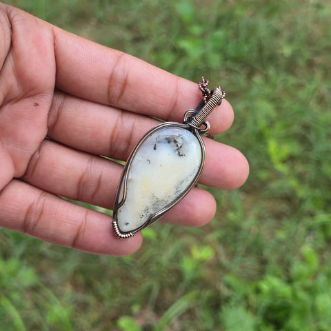 Dendrite Opal Gemstone Handmade Copper Wire Wrap Chain Pendant 2.55