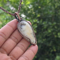 Dendrite Opal Gemstone Handmade Copper Wire Wrap Chain Pendant 2.55" Sunkarton