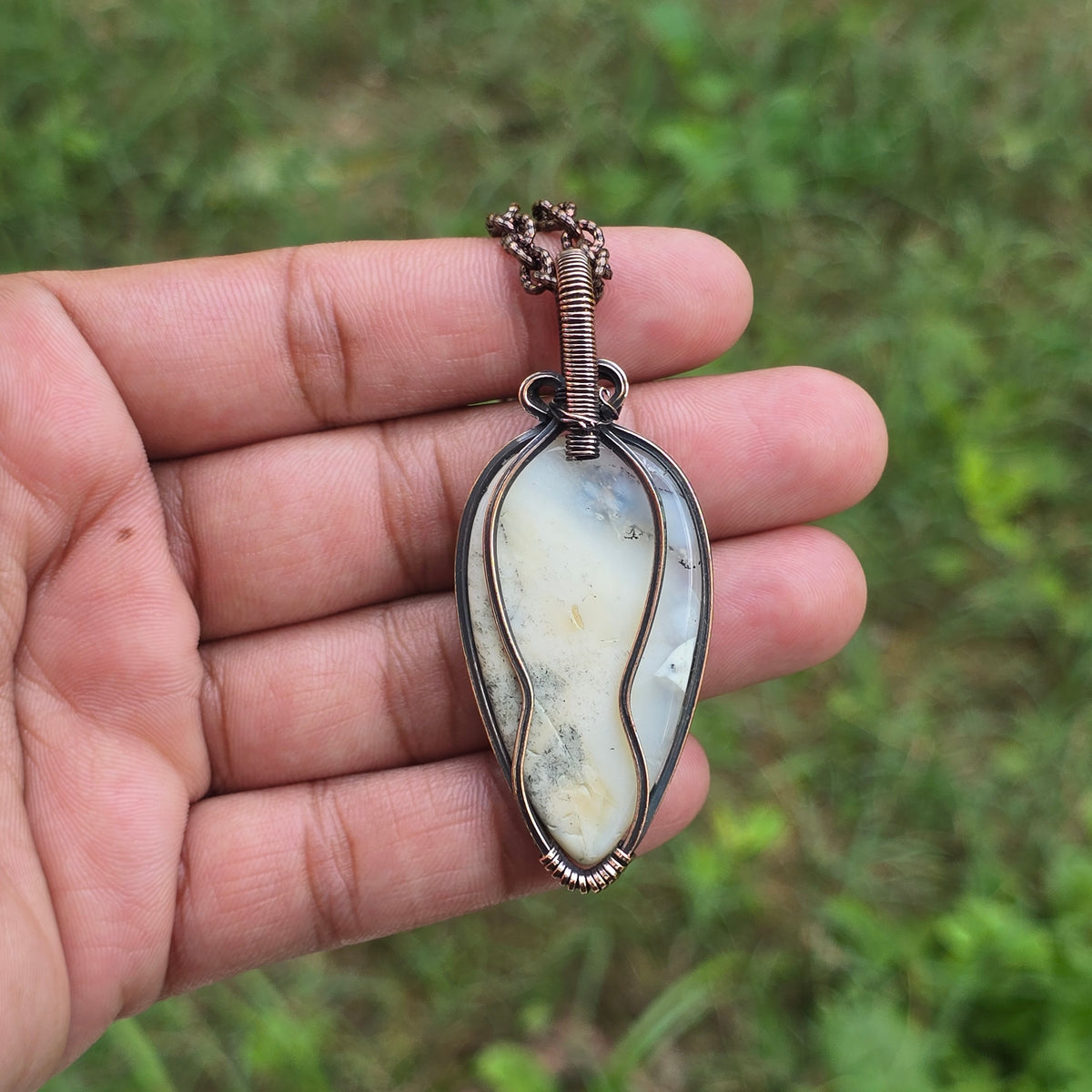 Dendrite Opal Gemstone Handmade Copper Wire Wrap Chain Pendant 2.55" Sunkarton