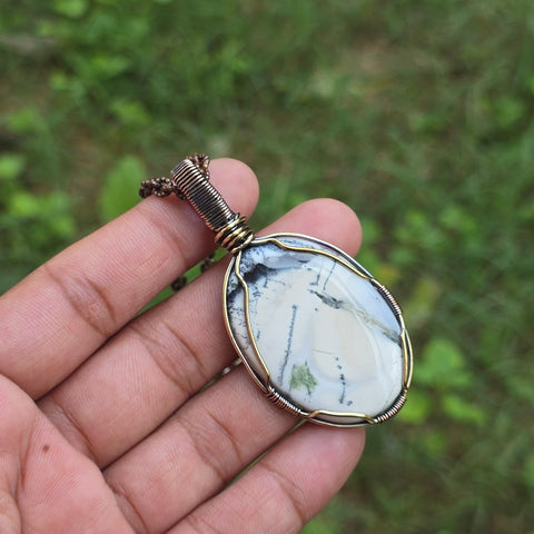 Dendrite Opal Gemstone Handmade Copper Wire Wrap Chain Pendant 2.75