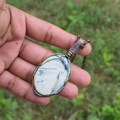 Dendrite Opal Gemstone Handmade Copper Wire Wrap Chain Pendant 2.75" Sunkarton