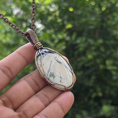 Dendrite Opal Gemstone Handmade Copper Wire Wrap Chain Pendant 2.75" Sunkarton
