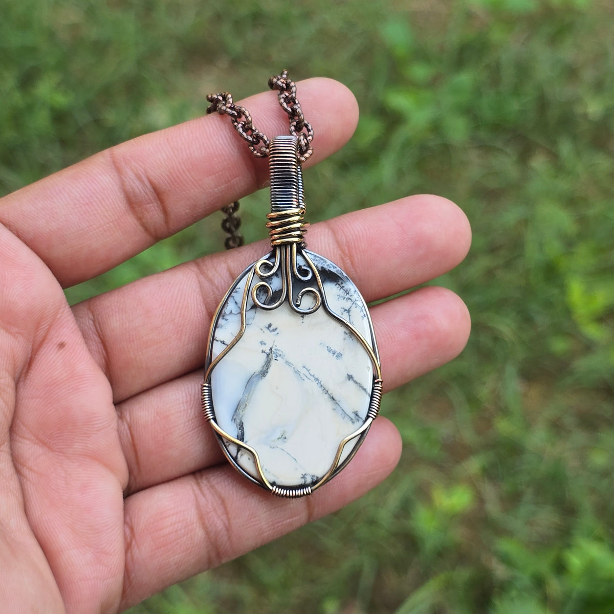 Dendrite Opal Gemstone Handmade Copper Wire Wrap Chain Pendant 2.75" Sunkarton