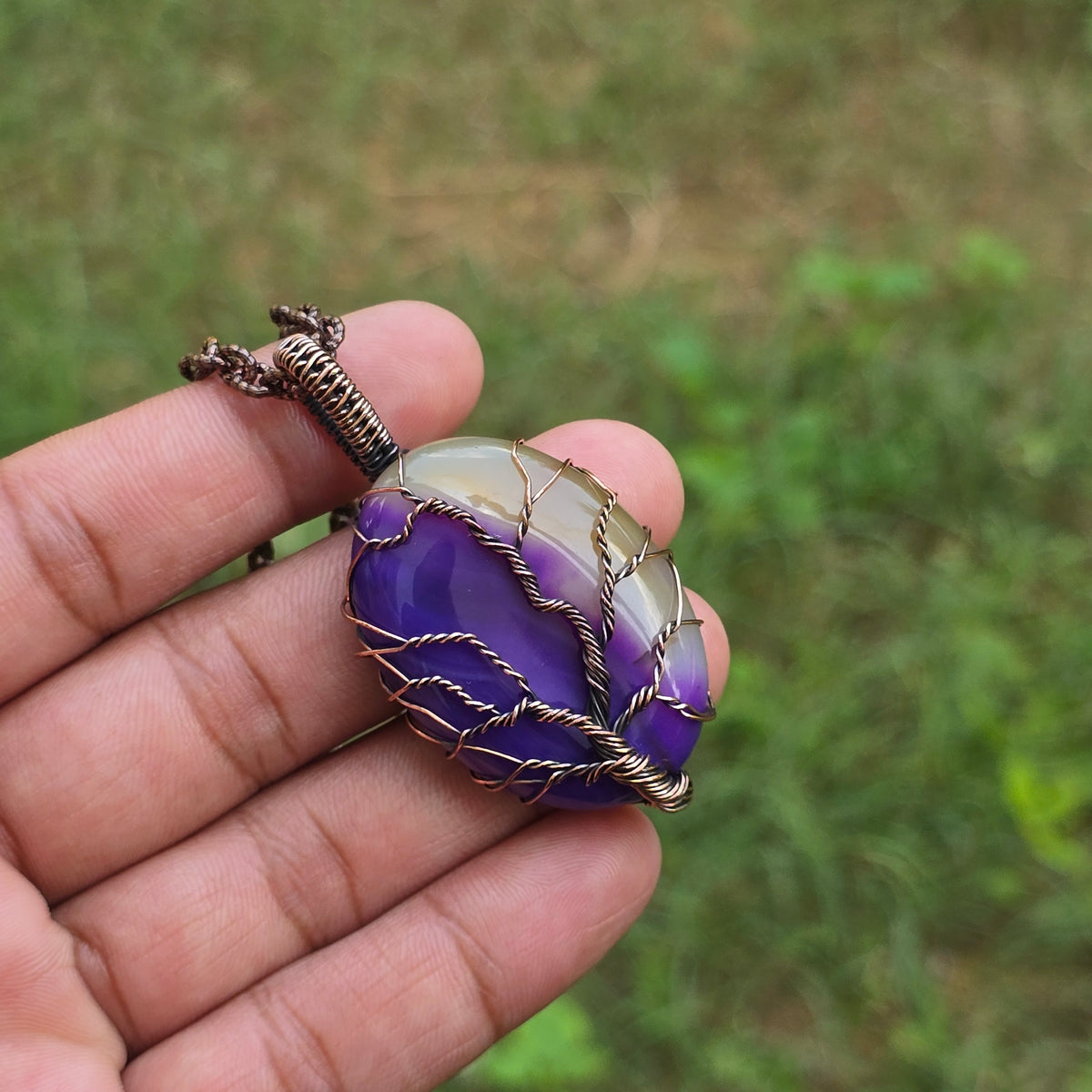 Onyx Gemstone Handmade Copper Wire Wrap Chain Pendant 2.36" Sunkarton