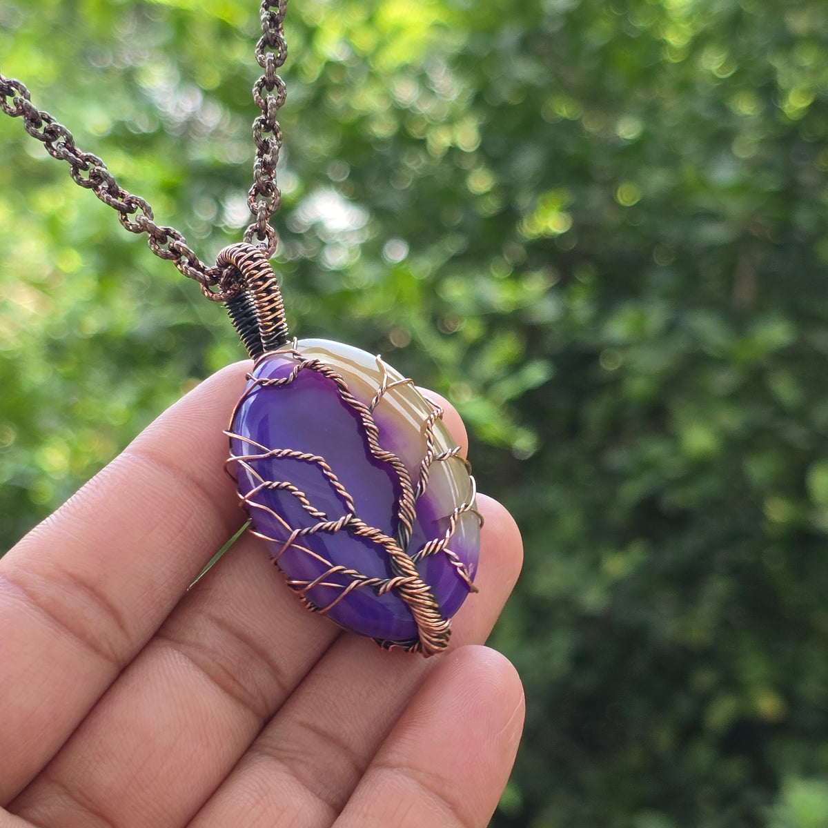 Onyx Gemstone Handmade Copper Wire Wrap Chain Pendant 2.36" Sunkarton