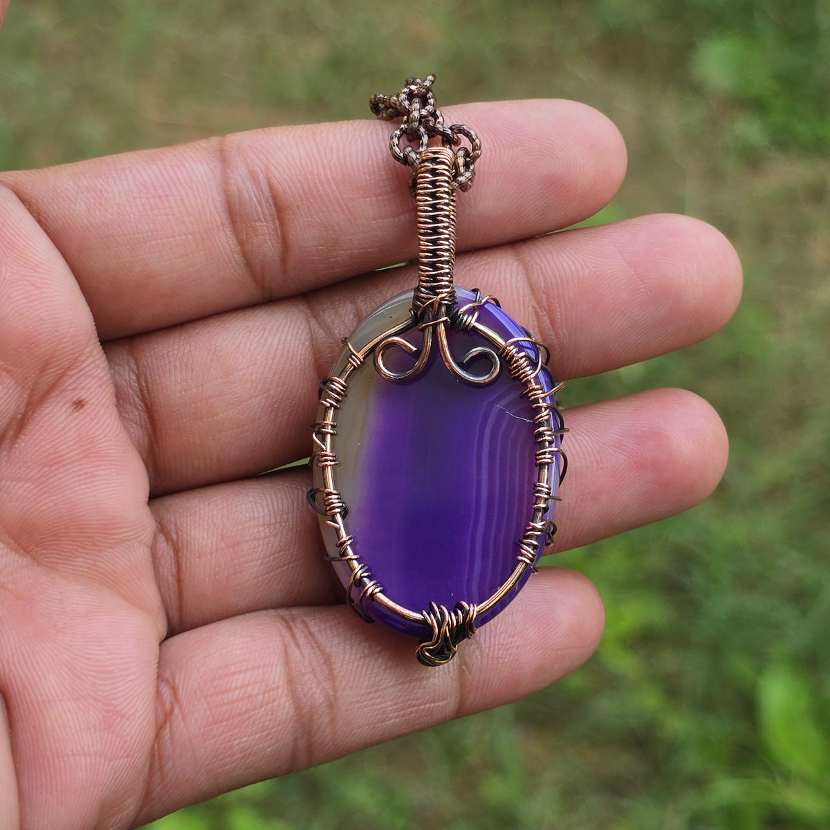 Onyx Gemstone Handmade Copper Wire Wrap Chain Pendant 2.36" Sunkarton