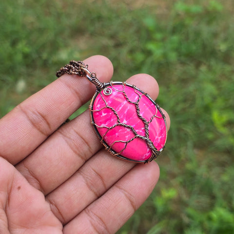 Pink Howlite Gemstone Handmade Copper Wire Wrap Chain Pendant 2.16