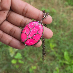 Pink Howlite Gemstone Handmade Copper Wire Wrap Chain Pendant 2.16" Sunkarton