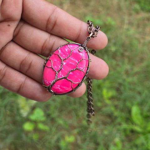 Pink Howlite Gemstone Handmade Copper Wire Wrap Chain Pendant 2.16
