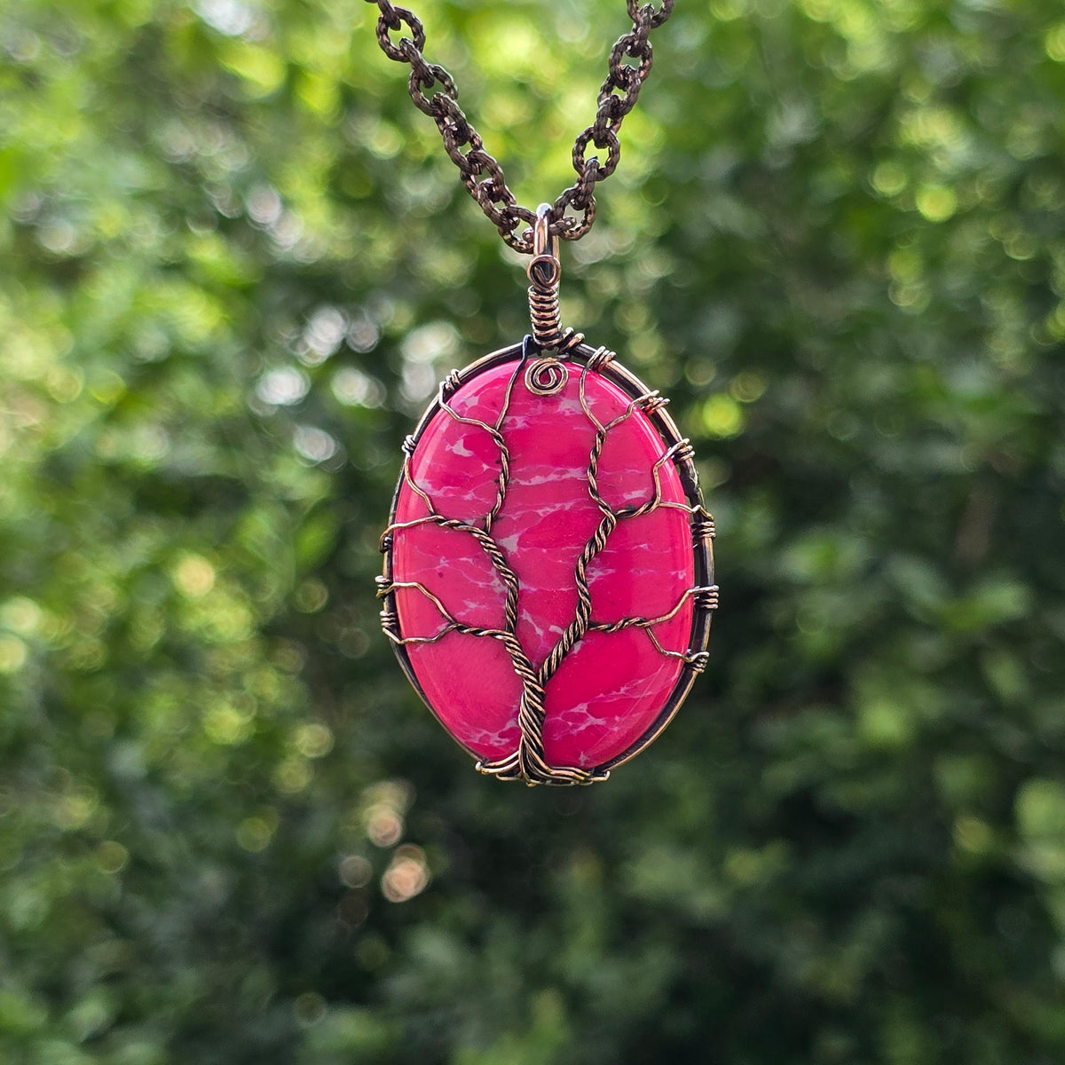 Pink Howlite Gemstone Handmade Copper Wire Wrap Chain Pendant 2.16" Sunkarton