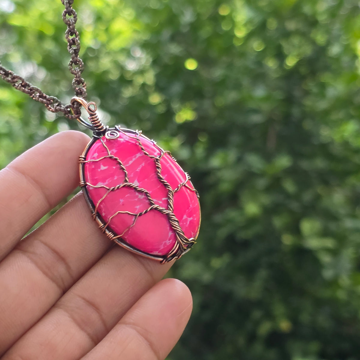 Pink Howlite Gemstone Handmade Copper Wire Wrap Chain Pendant 2.16" Sunkarton