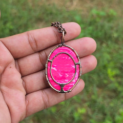 Pink Howlite Gemstone Handmade Copper Wire Wrap Chain Pendant 2.16" Sunkarton