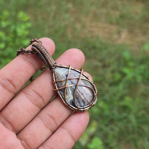 Laguna Lace Agate Gemstone Handmade Copper Wire Wrap Chain Pendant 2.55