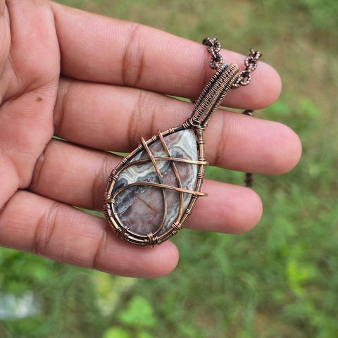 Laguna Lace Agate Gemstone Handmade Copper Wire Wrap Chain Pendant 2.55
