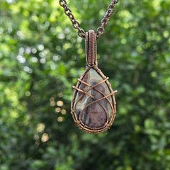 Laguna Lace Agate Gemstone Handmade Copper Wire Wrap Chain Pendant 2.55" Sunkarton