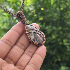 Laguna Lace Agate Gemstone Handmade Copper Wire Wrap Chain Pendant 2.55" Sunkarton