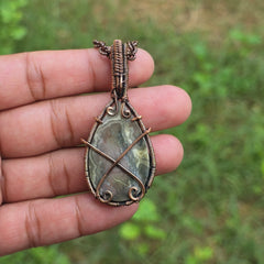 Laguna Lace Agate Gemstone Handmade Copper Wire Wrap Chain Pendant 2.55" Sunkarton