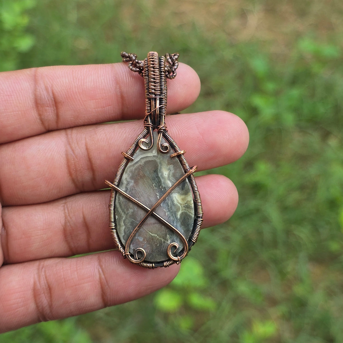 Laguna Lace Agate Gemstone Handmade Copper Wire Wrap Chain Pendant 2.55" Sunkarton