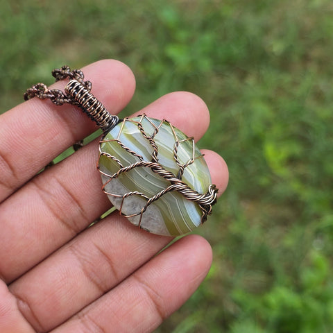 Onyx Gemstone Handmade Copper Wire Wrap Chain Pendant 2.16