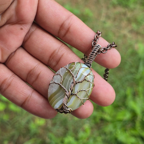 Onyx Gemstone Handmade Copper Wire Wrap Chain Pendant 2.16