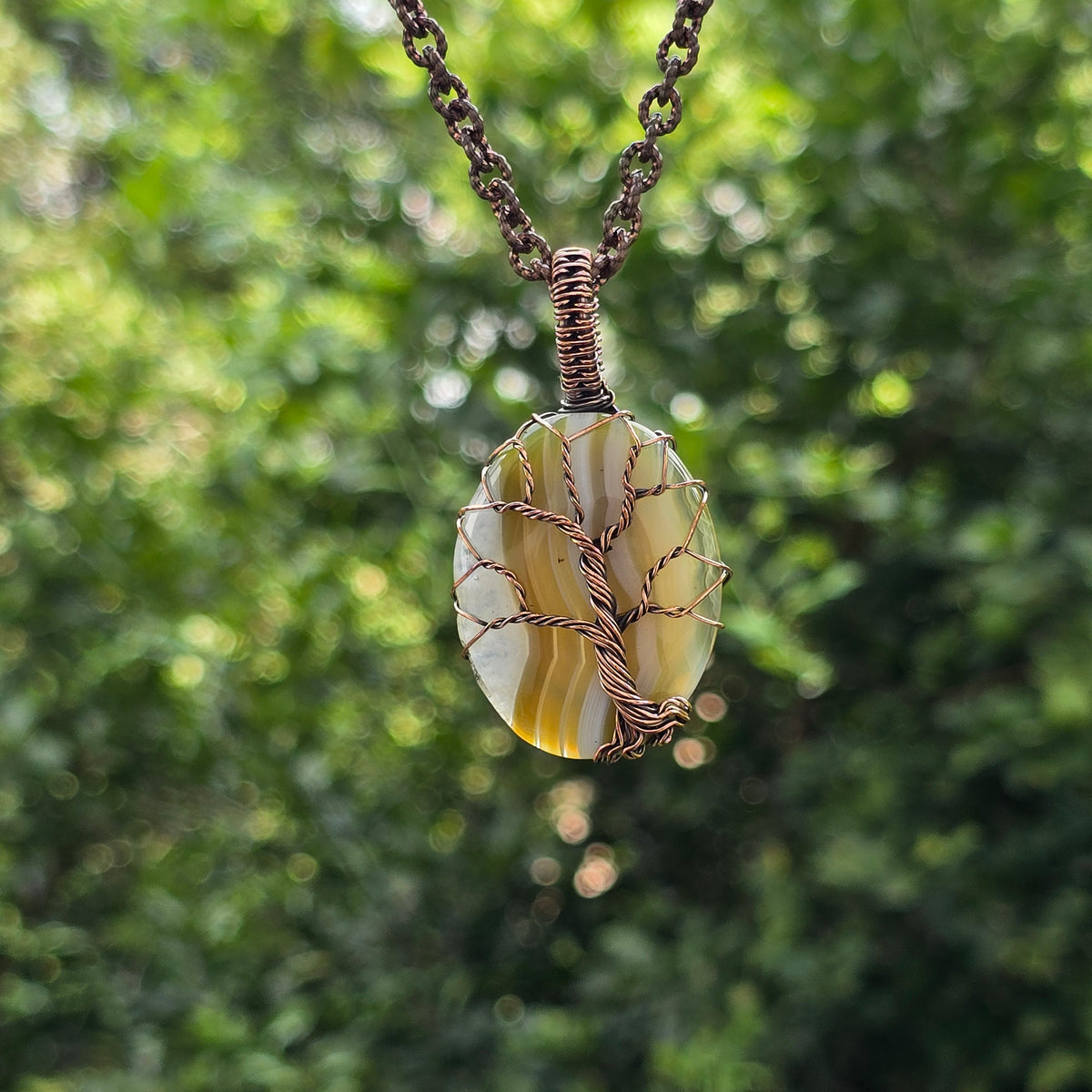 Onyx Gemstone Handmade Copper Wire Wrap Chain Pendant 2.16" Sunkarton