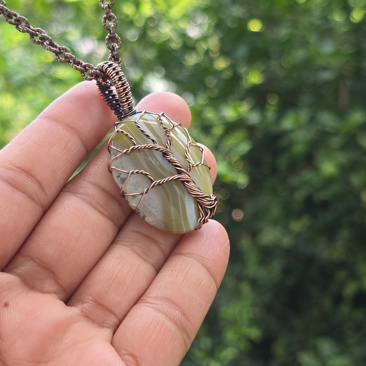 Onyx Gemstone Handmade Copper Wire Wrap Chain Pendant 2.16" Sunkarton