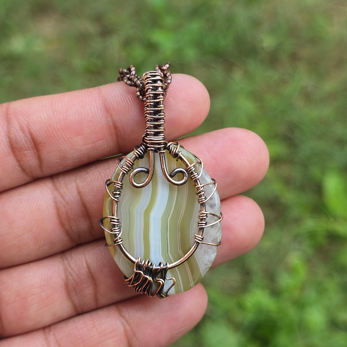 Onyx Gemstone Handmade Copper Wire Wrap Chain Pendant 2.16" Sunkarton