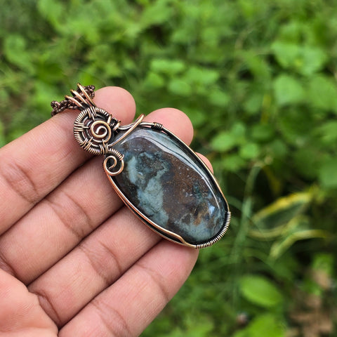 Moos Agate Gemstone Handmade Copper Wire Wrap Chain Pendant 2.55