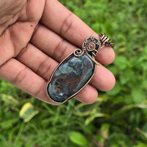 Moos Agate Gemstone Handmade Copper Wire Wrap Chain Pendant 2.55