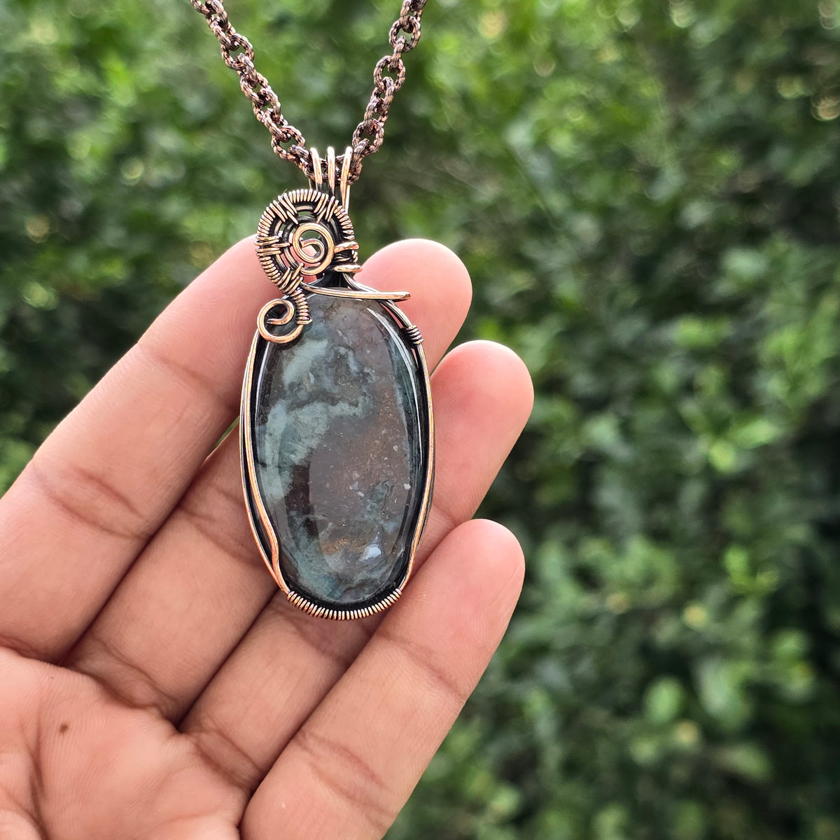 Moos Agate Gemstone Handmade Copper Wire Wrap Chain Pendant 2.55" Sunkarton