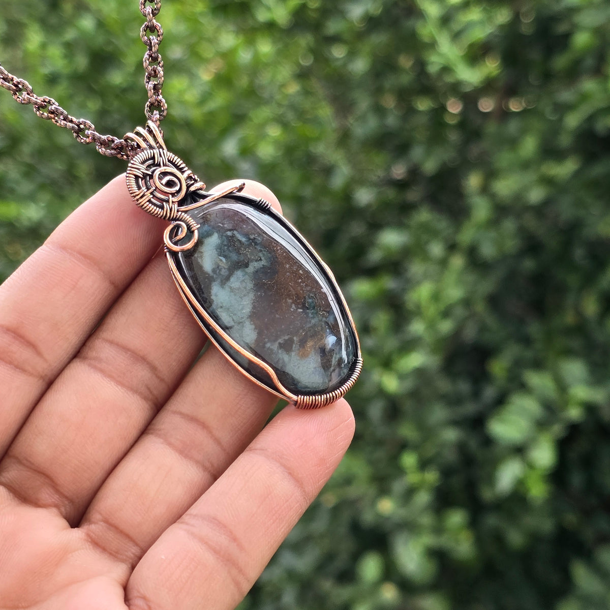 Moos Agate Gemstone Handmade Copper Wire Wrap Chain Pendant 2.55" Sunkarton