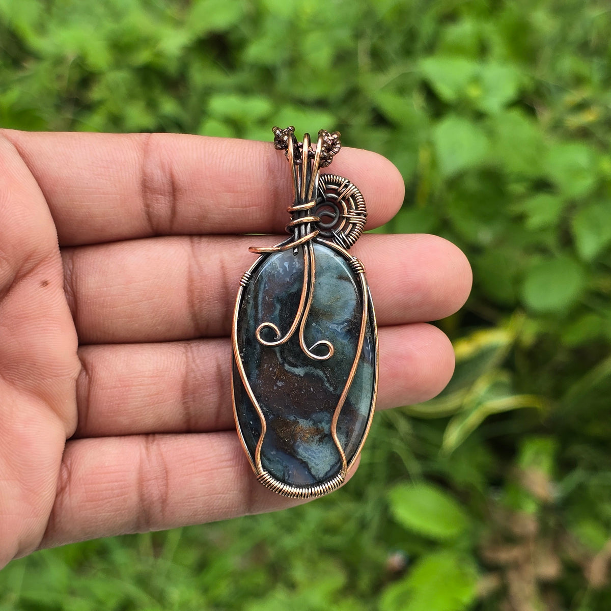 Moos Agate Gemstone Handmade Copper Wire Wrap Chain Pendant 2.55" Sunkarton