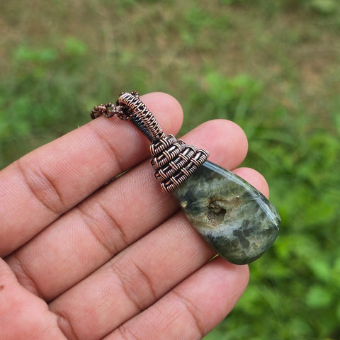 Ocean Jasper Gemstone Handmade Copper Wire Wrap Chain Pendant 2.55