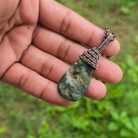 Ocean Jasper Gemstone Handmade Copper Wire Wrap Chain Pendant 2.55