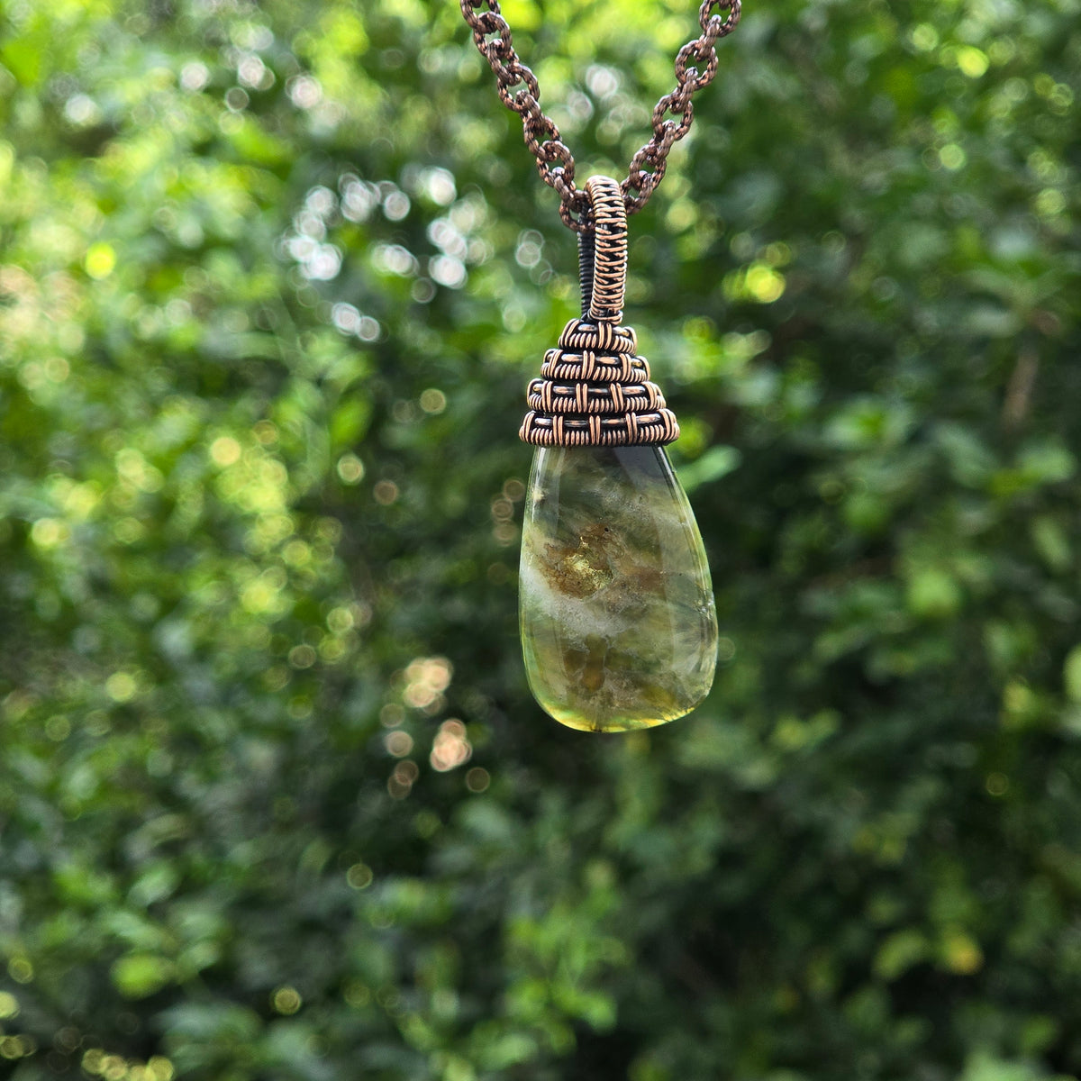 Ocean Jasper Gemstone Handmade Copper Wire Wrap Chain Pendant 2.55" Sunkarton