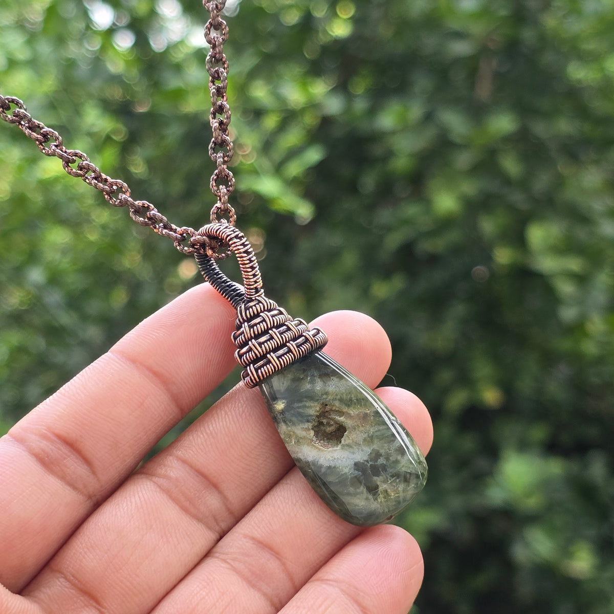 Ocean Jasper Gemstone Handmade Copper Wire Wrap Chain Pendant 2.55" Sunkarton