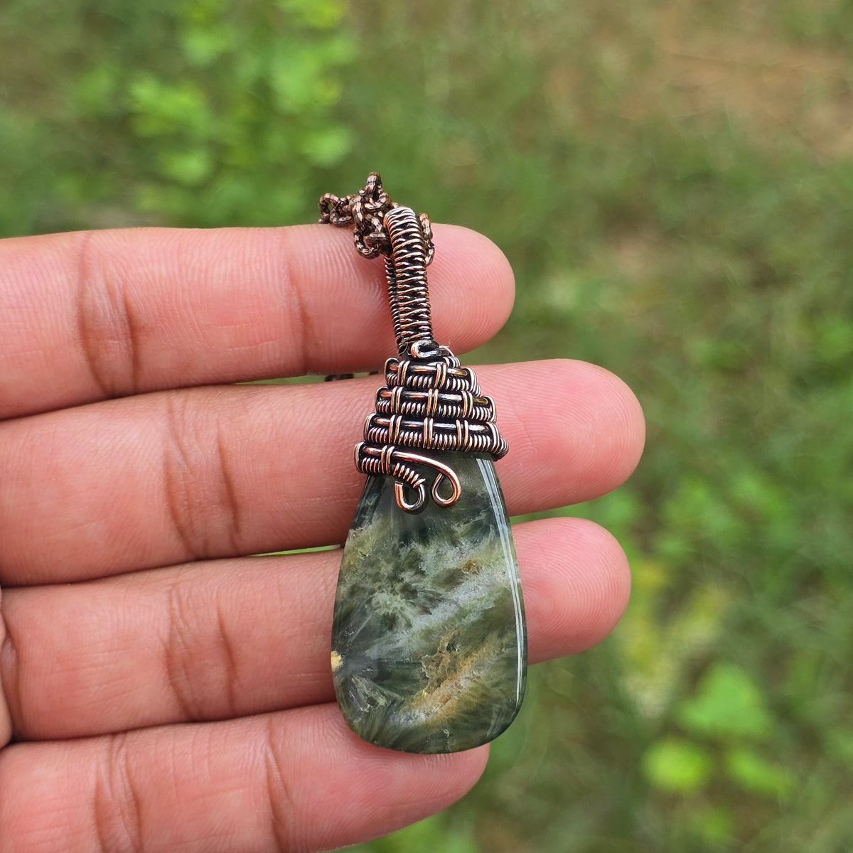 Ocean Jasper Gemstone Handmade Copper Wire Wrap Chain Pendant 2.55" Sunkarton