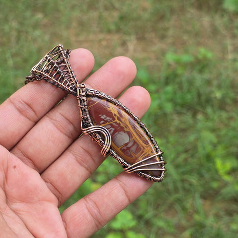 Noreena Jasper Gemstone Handmade Copper Wire Wrap Chain Pendant 3.54