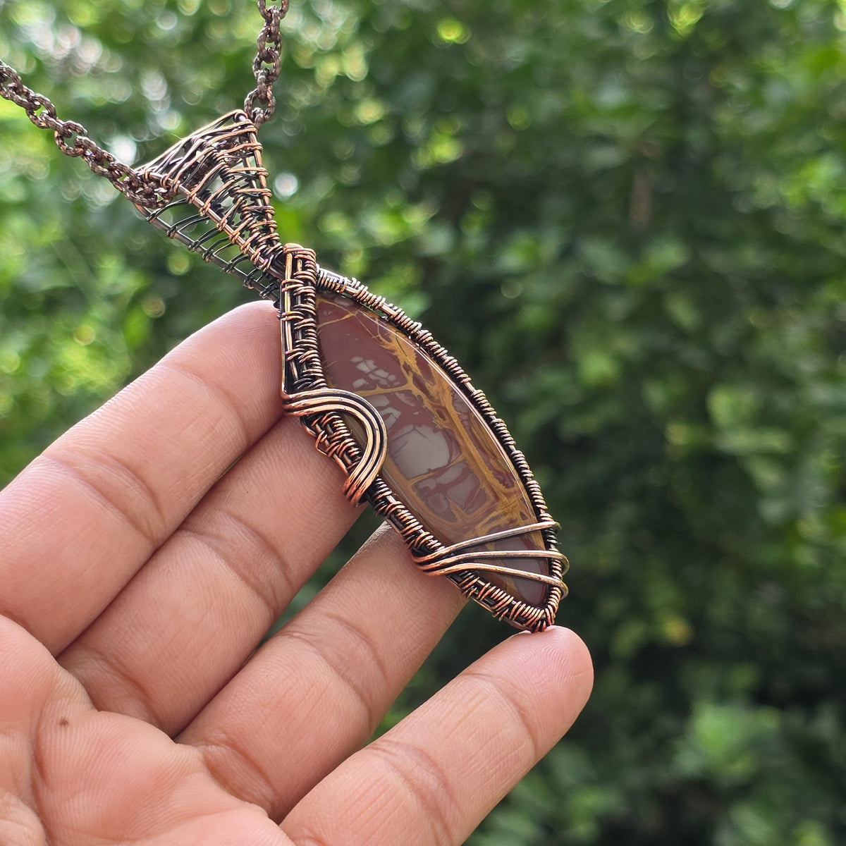 Noreena Jasper Gemstone Handmade Copper Wire Wrap Chain Pendant 3.54" Sunkarton