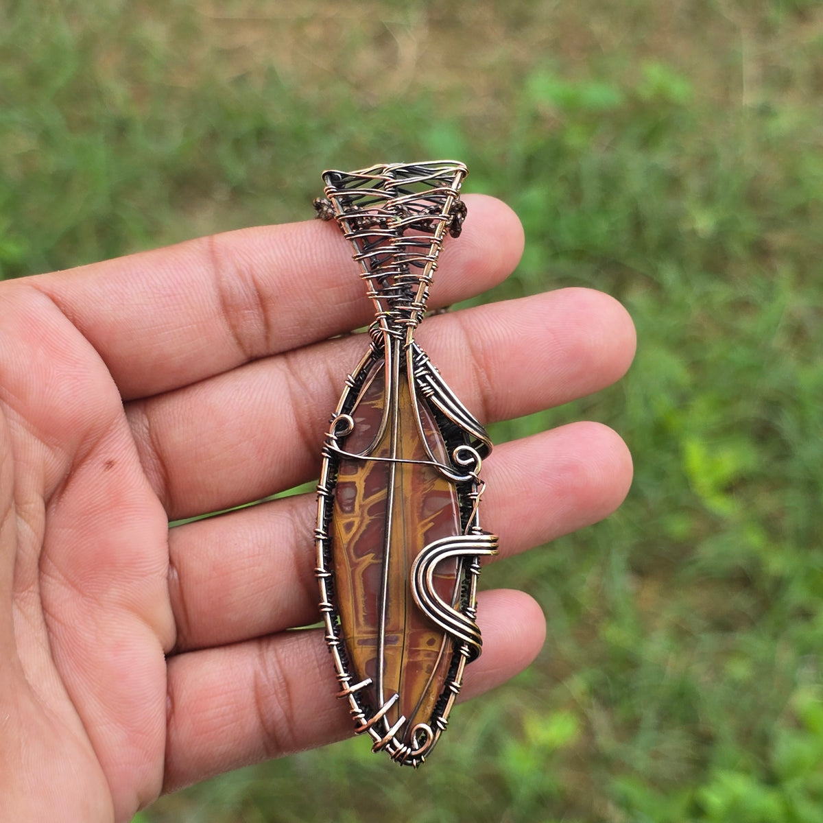Noreena Jasper Gemstone Handmade Copper Wire Wrap Chain Pendant 3.54" Sunkarton