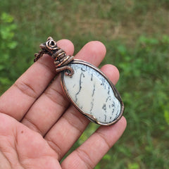 Dendrite Opal Gemstone Handmade Copper Wire Wrap Chain Pendant 2.95" Sunkarton