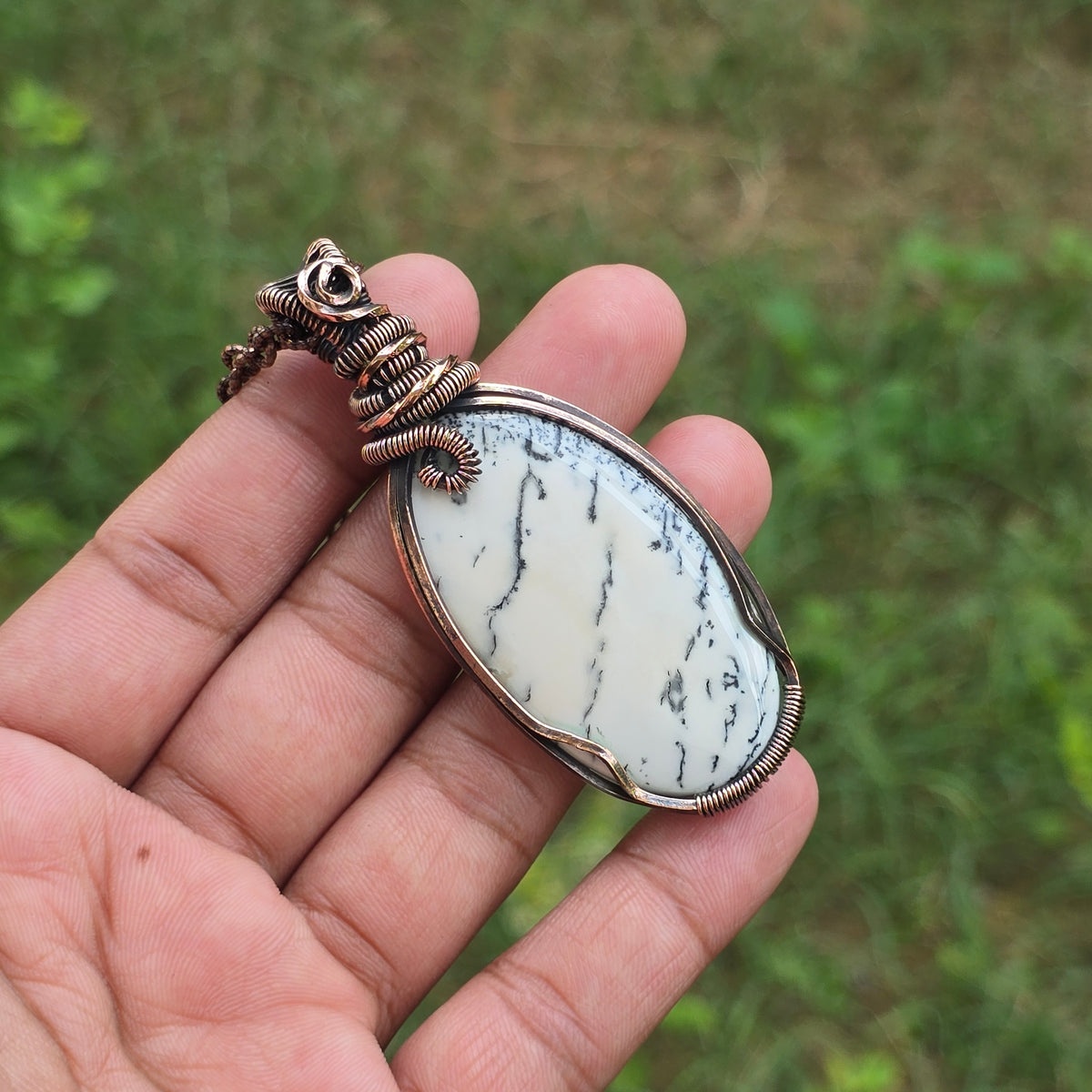 Dendrite Opal Gemstone Handmade Copper Wire Wrap Chain Pendant 2.95" Sunkarton
