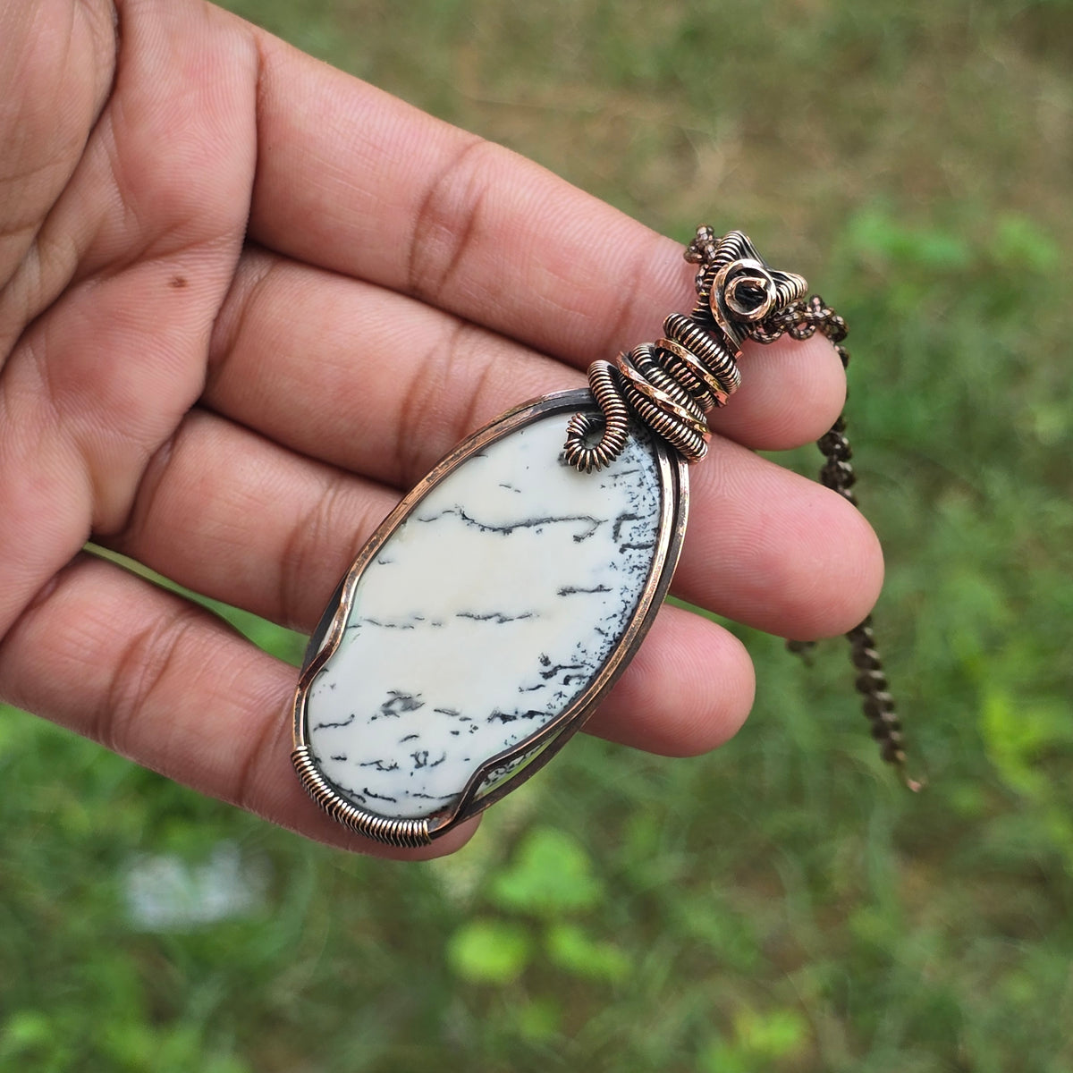 Dendrite Opal Gemstone Handmade Copper Wire Wrap Chain Pendant 2.95" Sunkarton