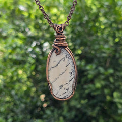 Dendrite Opal Gemstone Handmade Copper Wire Wrap Chain Pendant 2.95" Sunkarton