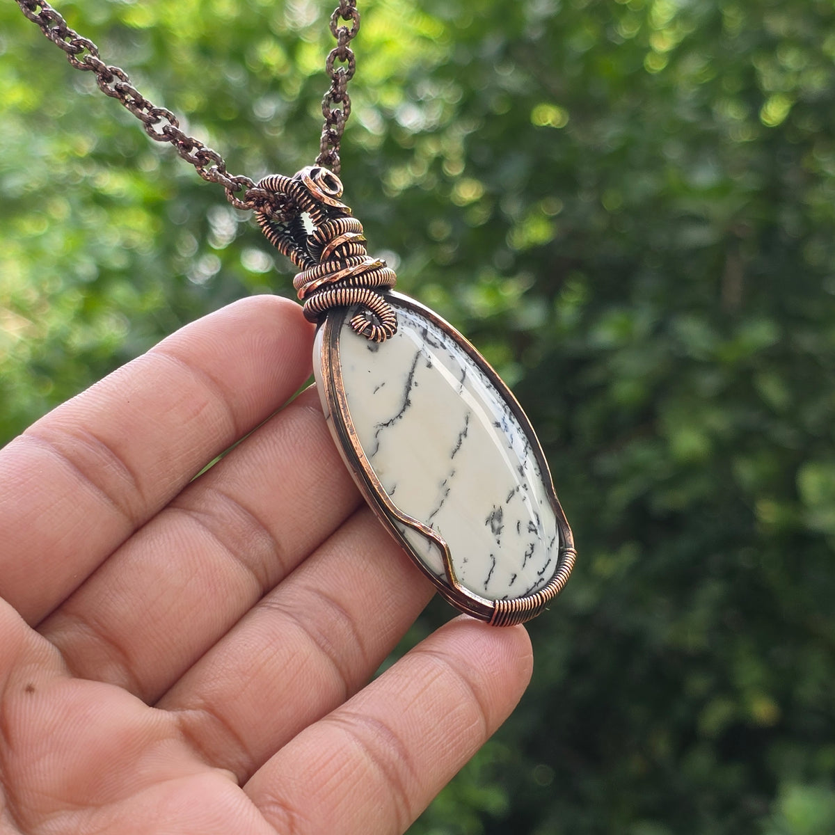 Dendrite Opal Gemstone Handmade Copper Wire Wrap Chain Pendant 2.95" Sunkarton