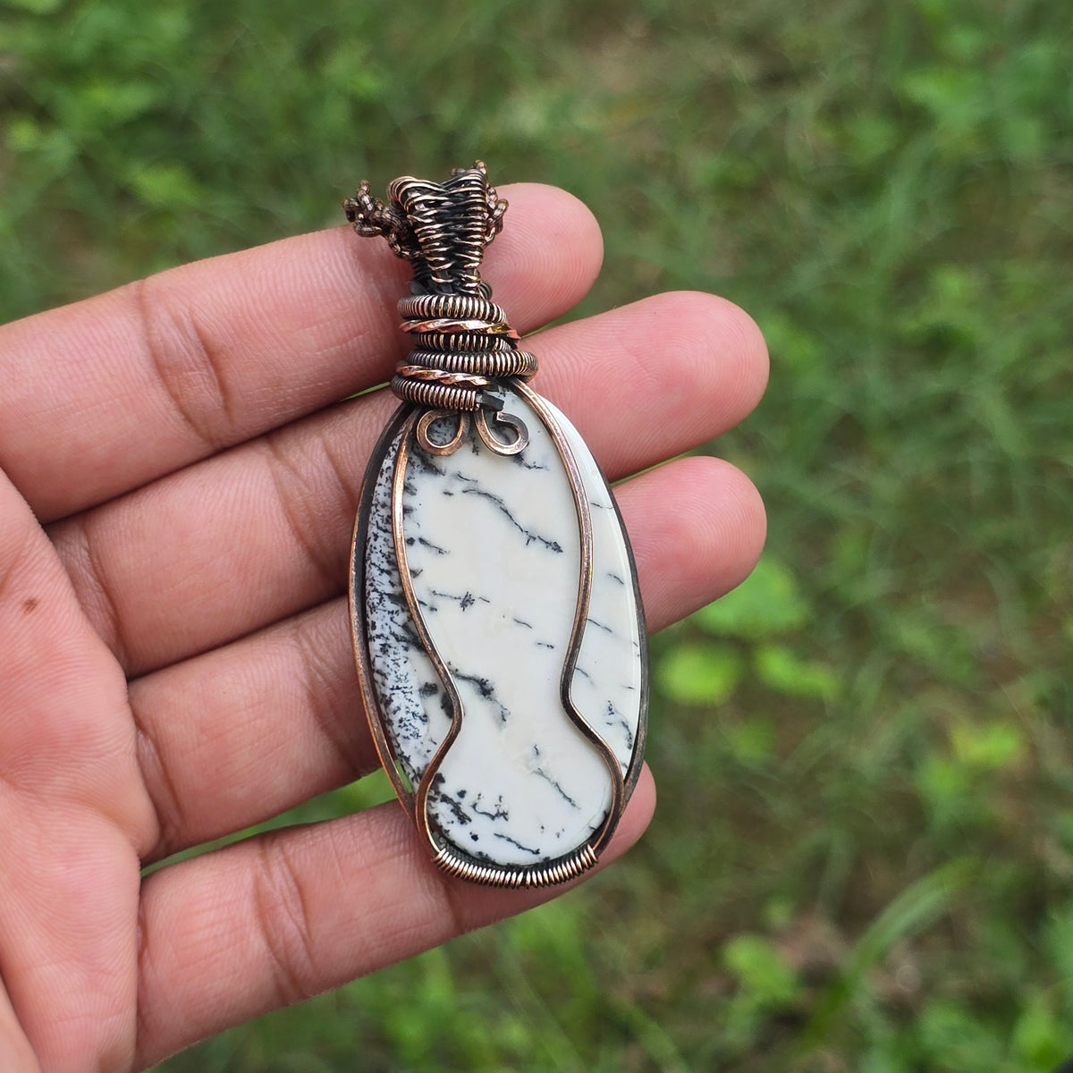 Dendrite Opal Gemstone Handmade Copper Wire Wrap Chain Pendant 2.95" Sunkarton